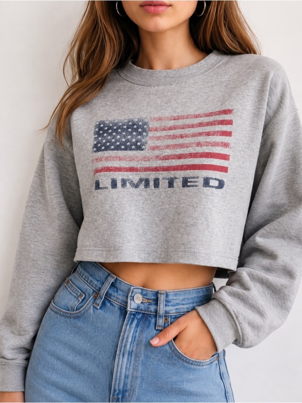 Vintage American Flag Crop Crewneck Sweatshirt Gray Coastal Boxy USA LIMITED M